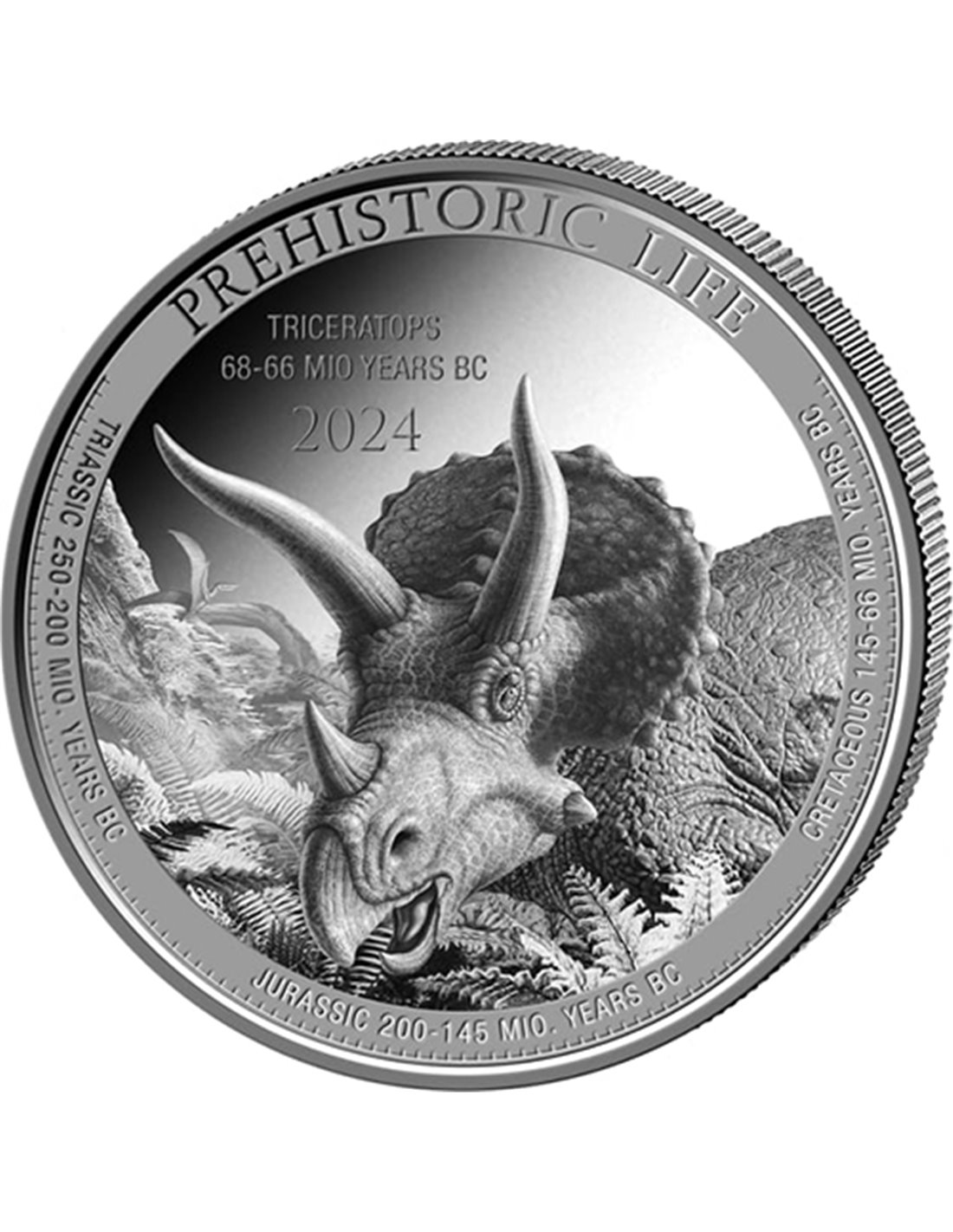 TRICERATOPS Prehistoric Life 1 Oz Silver Coin 20 Francs Congo 2024
