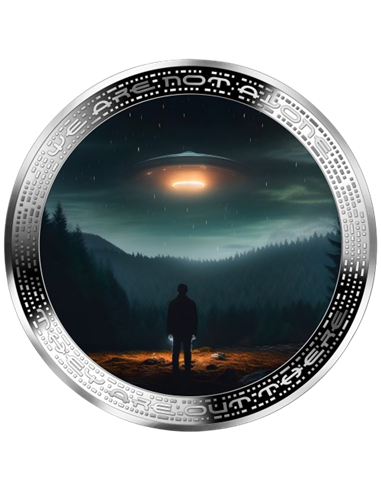 UFO AND HUMAN IN WILDERNESS We are not Alone 1 Oz Silver Coin 1000 Francs Cameroon 2025
