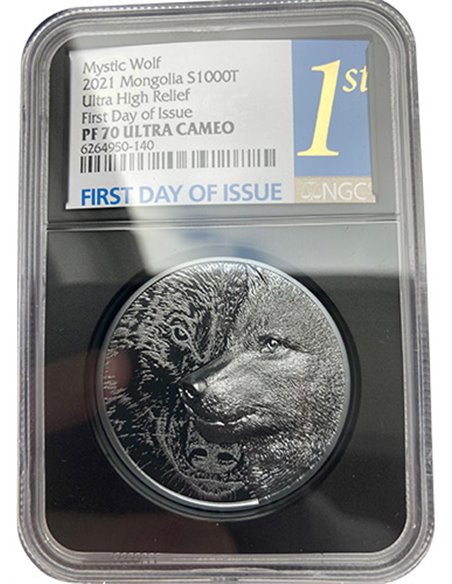 MYSTIC WOLF NGC PS70 FDI Black Proof 2 Oz Silver Coin 1000 Togrog M