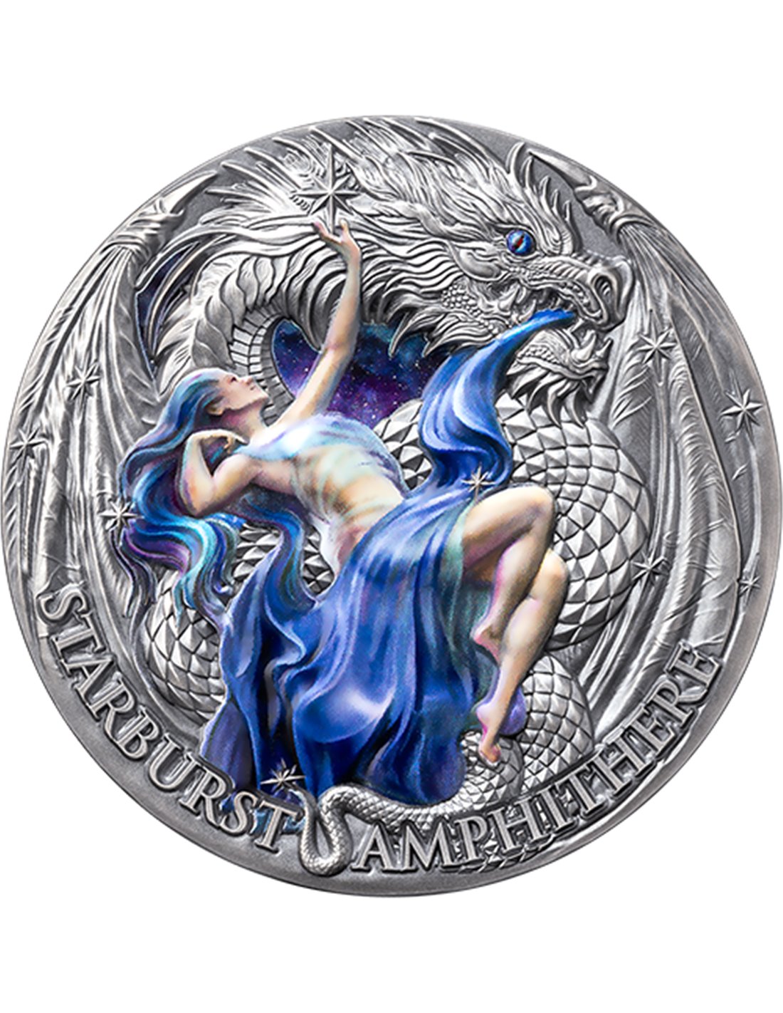 STARBURST AMPHITHERE Dragonology 2 Oz Silver Coin 2000 Francs Camer