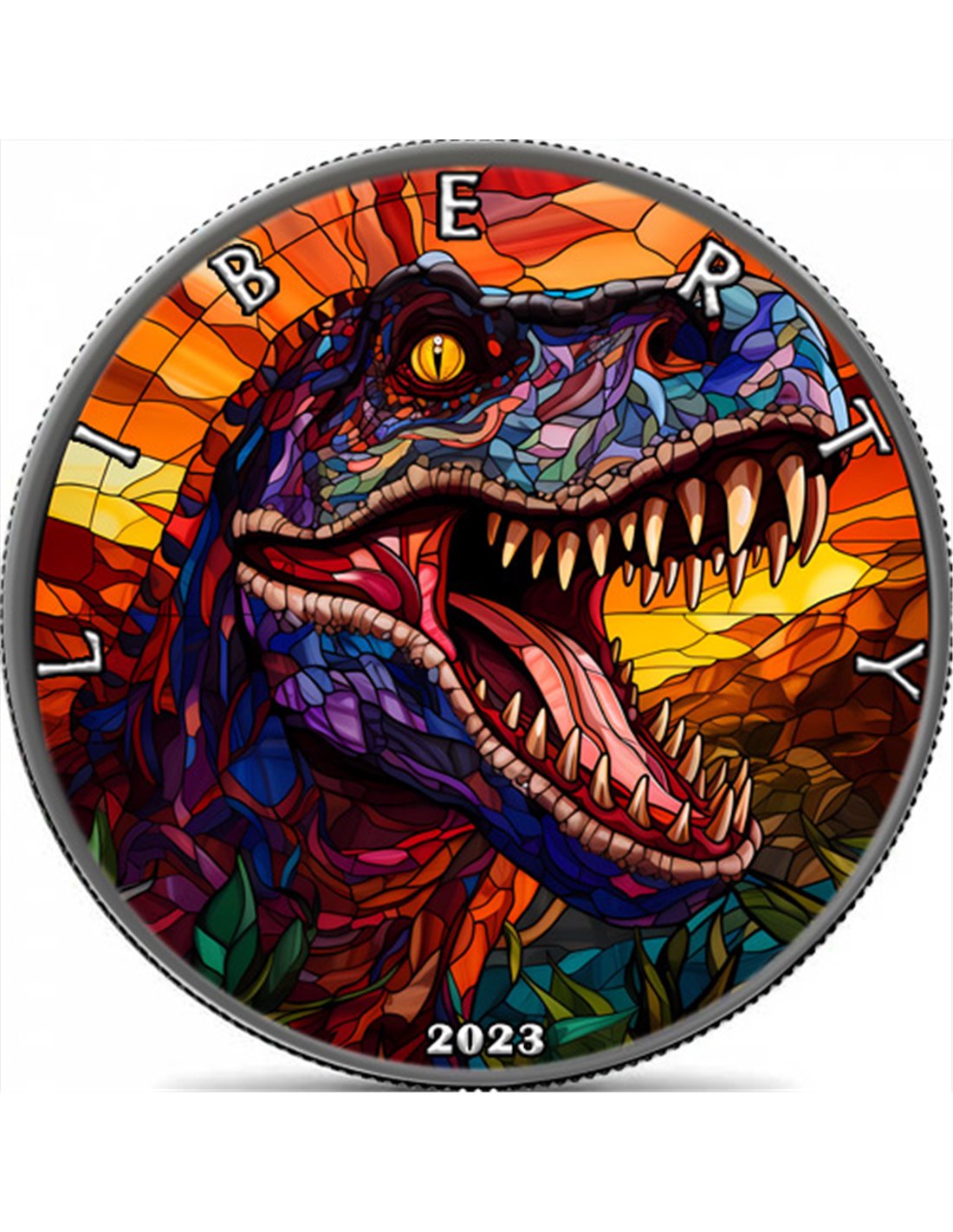 T-REX Tyrannosaurus Stained Glass Dream 1 Oz Silver Coin 1$ USA 2023