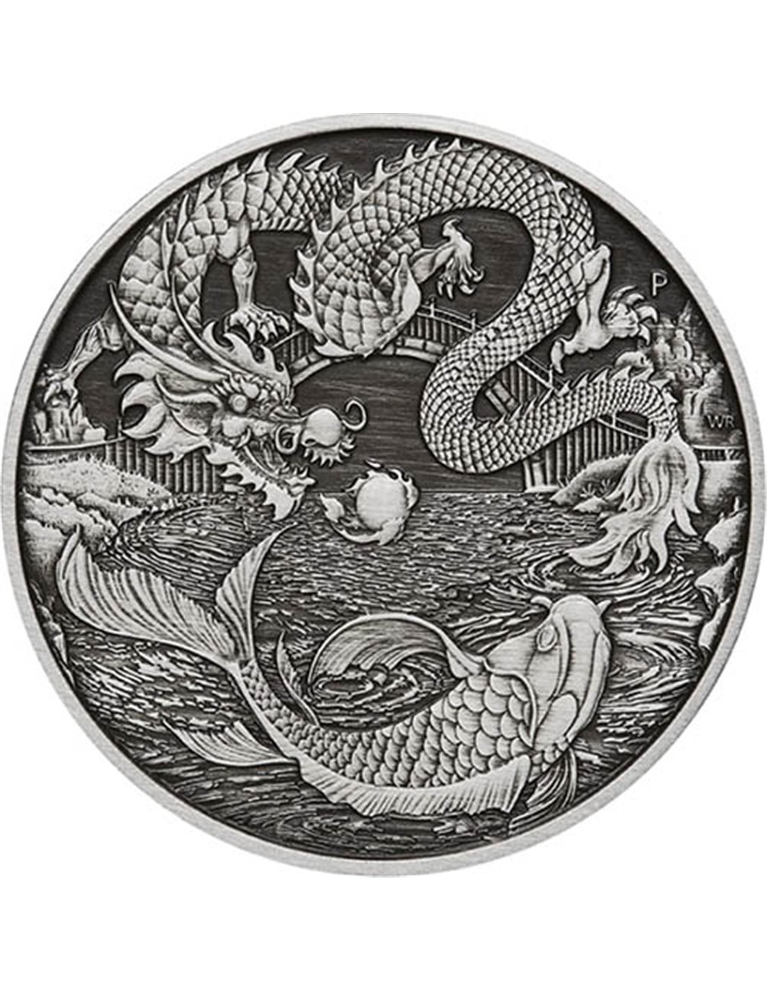 DRAGON AND KOI Myths & Legends Antique 1 Oz Silver Coin in Card 1$ 